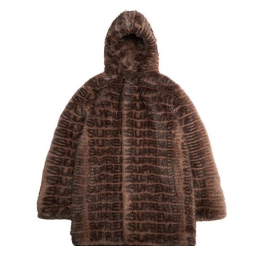 Supreme Faux Fur Jacket with Hood Repeating Logo Brown / Black Unisex Mens SZ M
